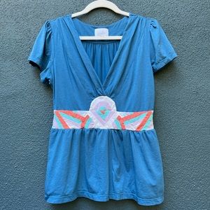 Anthropologie Deletta teal short sleeve top with colored patterned band size L